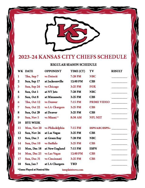 Kansas City Chiefs 2023 Printable Schedule Kansas City Chiefs 2023 Printable Schedule